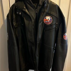NY Islanders Men's Black Faux Leather Bomber Jacket with Team Logo